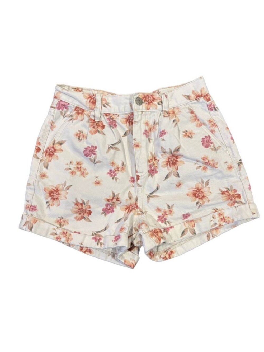 American Eagle Floral High Rise Mom Shorts Women's Size 2 White Pink Cuffed Deni